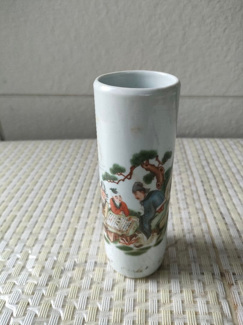 ●中国美術 人物文 陶磁 筆筒 朱印款 古陶磁 景徳鎮風 文人図古美術花器書道具