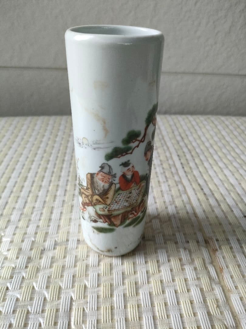 ●中国美術 人物文 陶磁 筆筒 朱印款 古陶磁 景徳鎮風 文人図古美術花器書道具