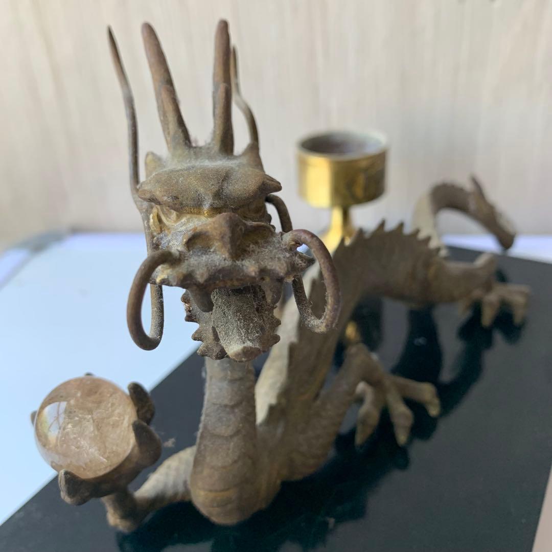 龍 置物 風水 ルチル球 水杯 ブロンズ製 開運 金運 厄祓い 黒台座付き