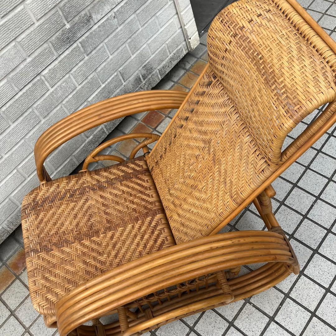 昭和レトロ ラタンリクライニングチェア オットマン付き 籐家具 1人掛けソファー