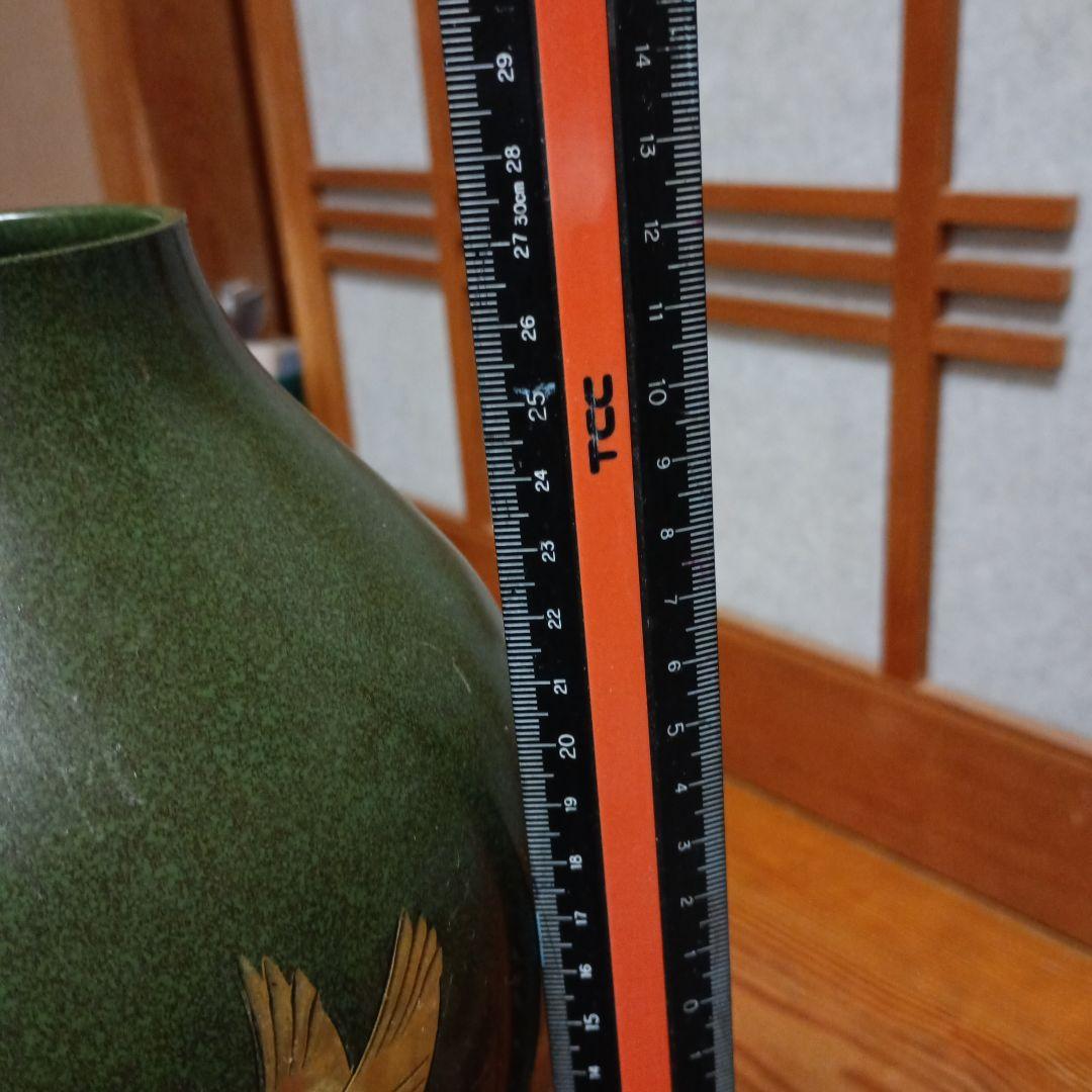 緑色の鶴模様の陶器花瓶 約29cm