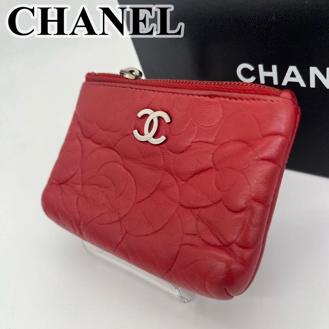 CHANEL ケース 小銭入れ カメリア ココマーク ロゴ金具 赤 本革