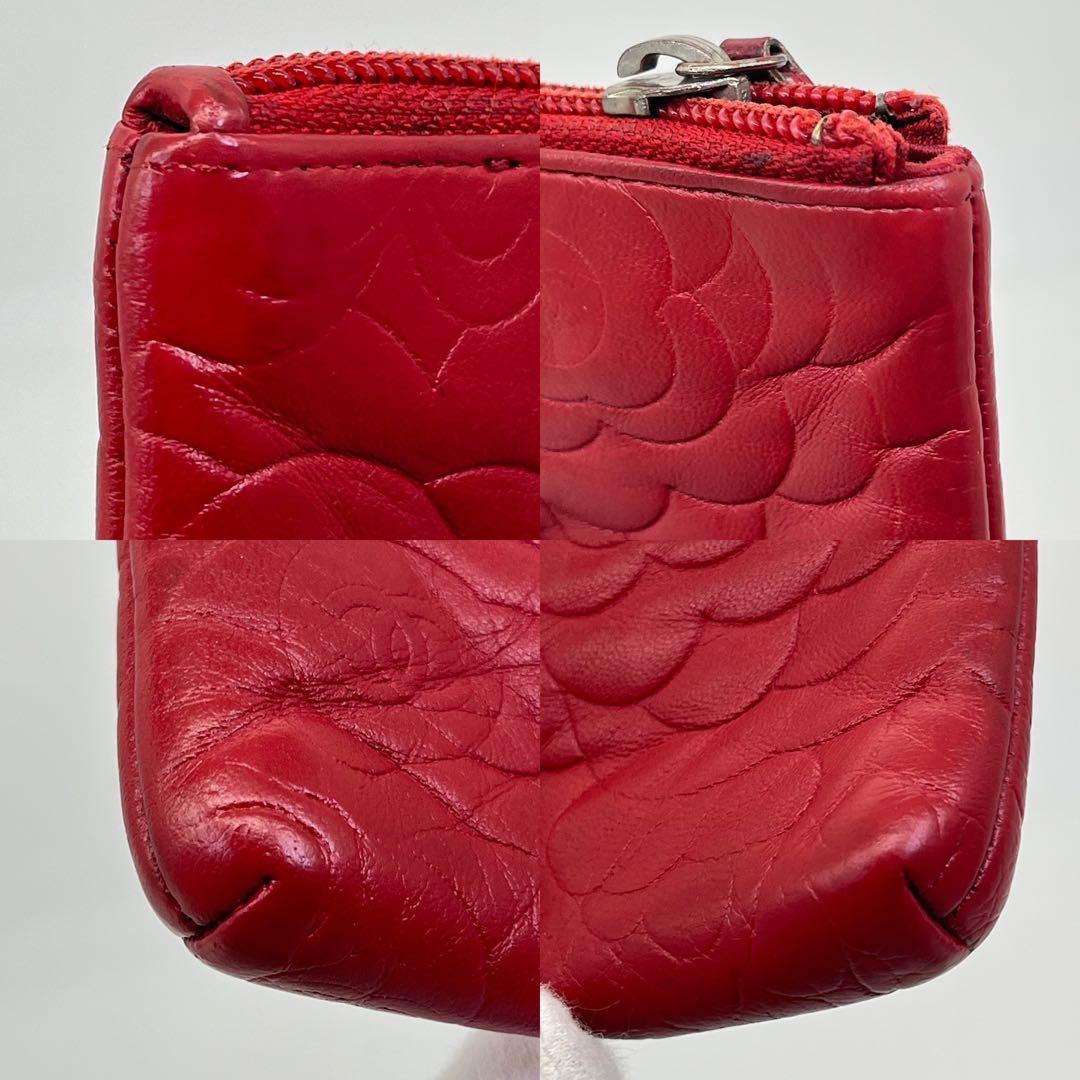 CHANEL ケース 小銭入れ カメリア ココマーク ロゴ金具 赤 本革