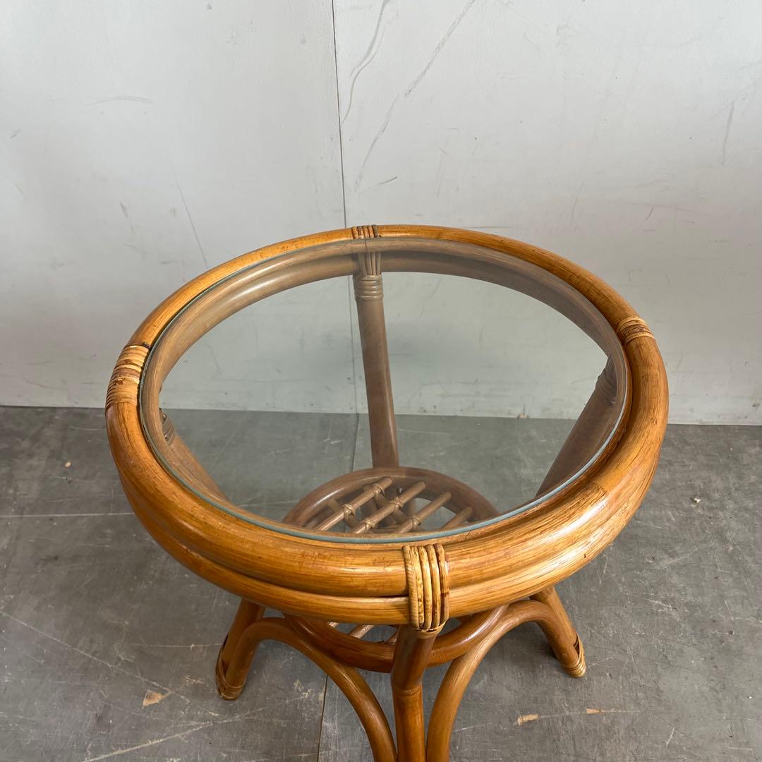 ヴィンテージ ラタン ガラス テーブル ラウンド レトロ 籐