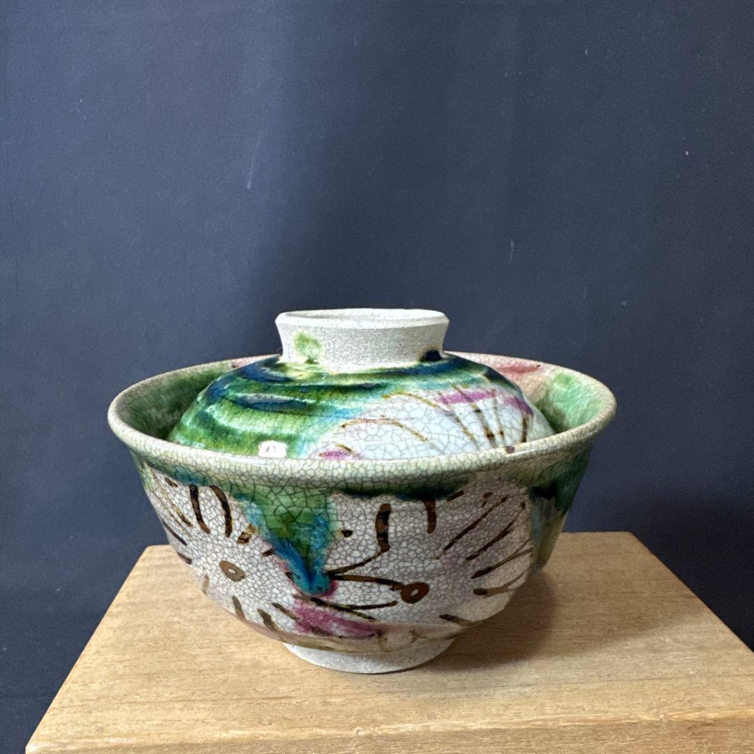 J07 送料無料　織部焼　蓋茶碗5客セット　懐石　茶道具　工芸品　木箱　在銘