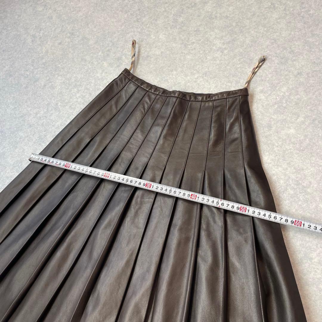 上質 バーバリー ロンドン ラムレザー プリーツスカート ダークブラウン UK6