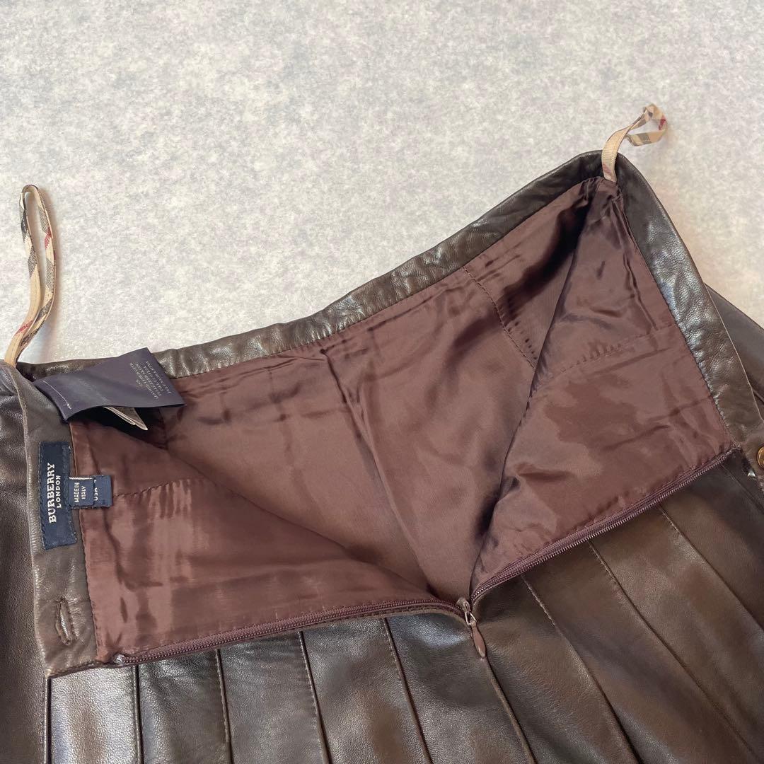 上質 バーバリー ロンドン ラムレザー プリーツスカート ダークブラウン UK6