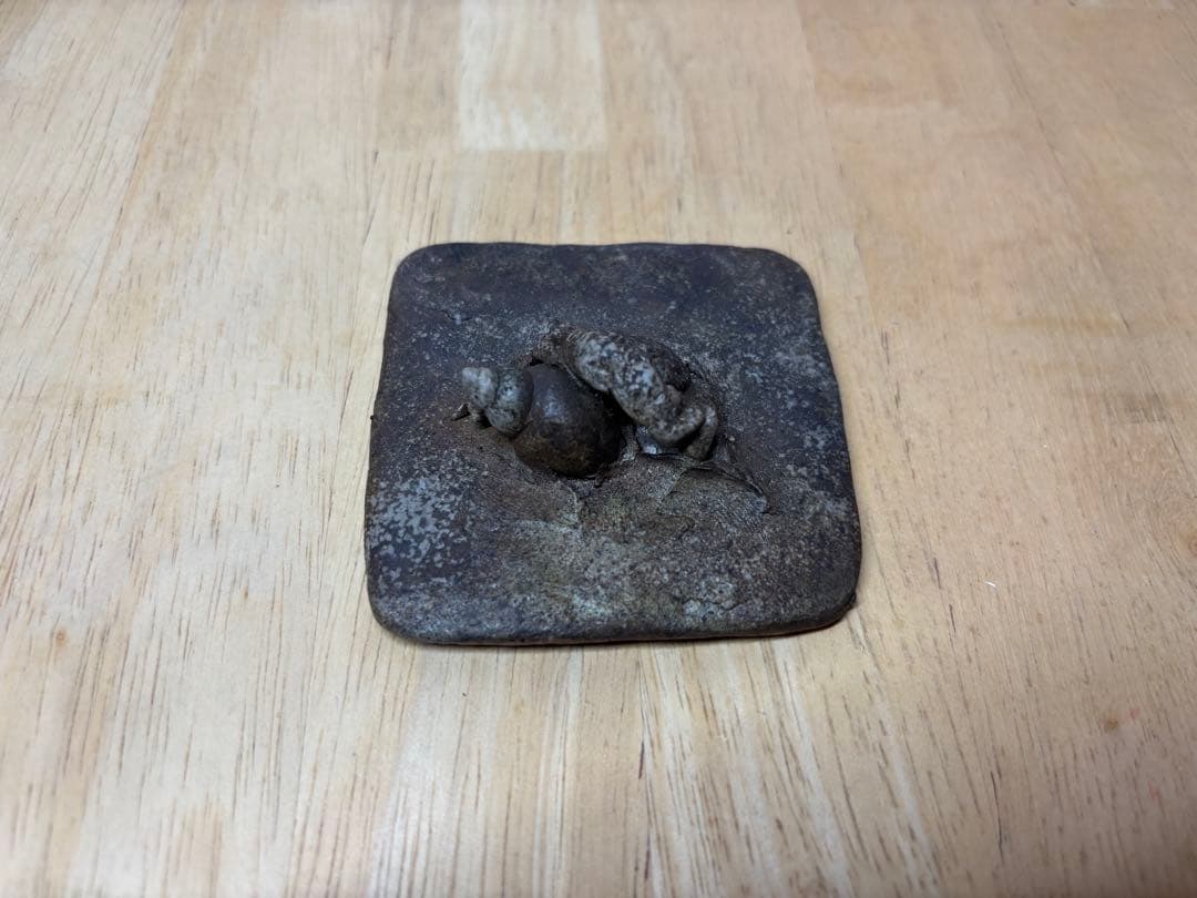 ㊷備前焼 宝瓶 登り窯 蟹(かに)とタニシ(貝)手びねり4角 急須