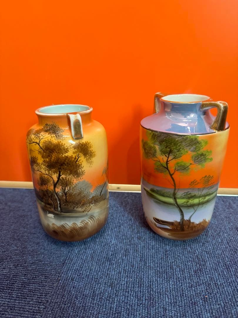 1843  オールドノリタケ　双耳風景図　花瓶   2客　時代物