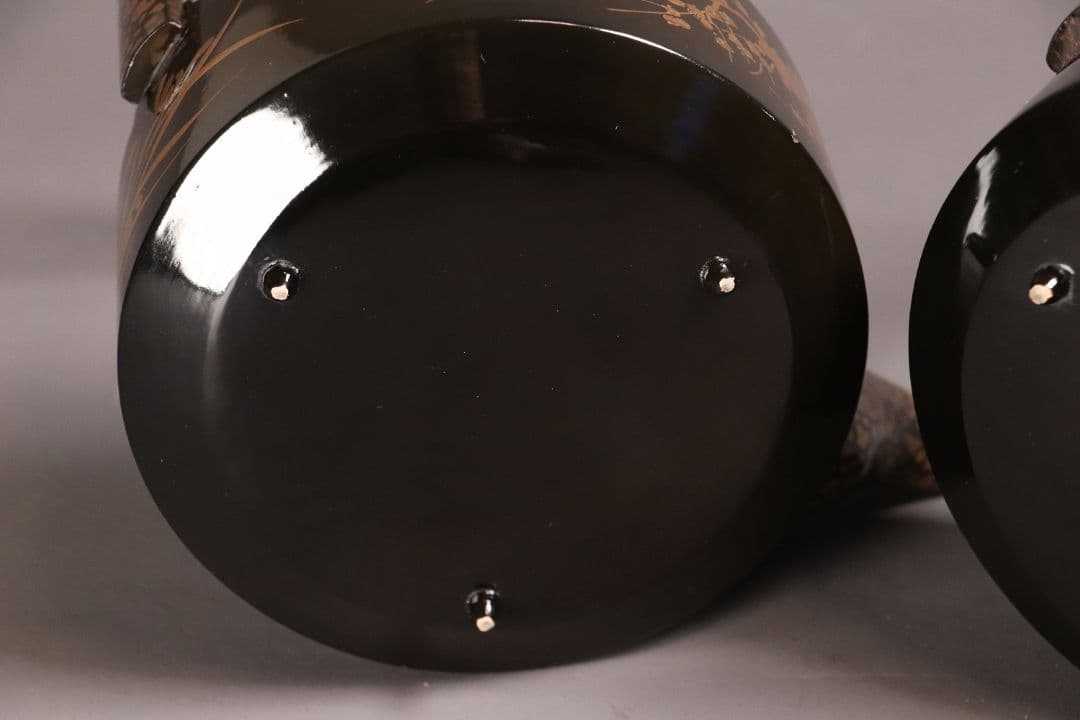 時代 四君子蒔絵 銚子 一対 天然木 草花 金蒔絵 黒塗 木製漆器【MA409】