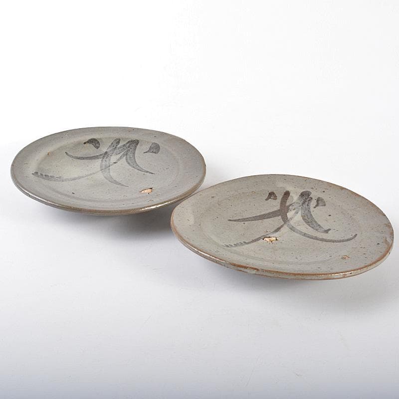 北大路魯山人作　唐津焼　野草文　平向　二客　共箱　D　R5337