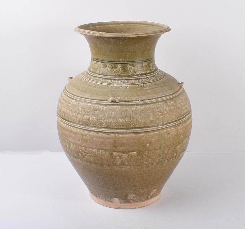 中国　緑釉　花卉文　四耳壷　V　R3585C