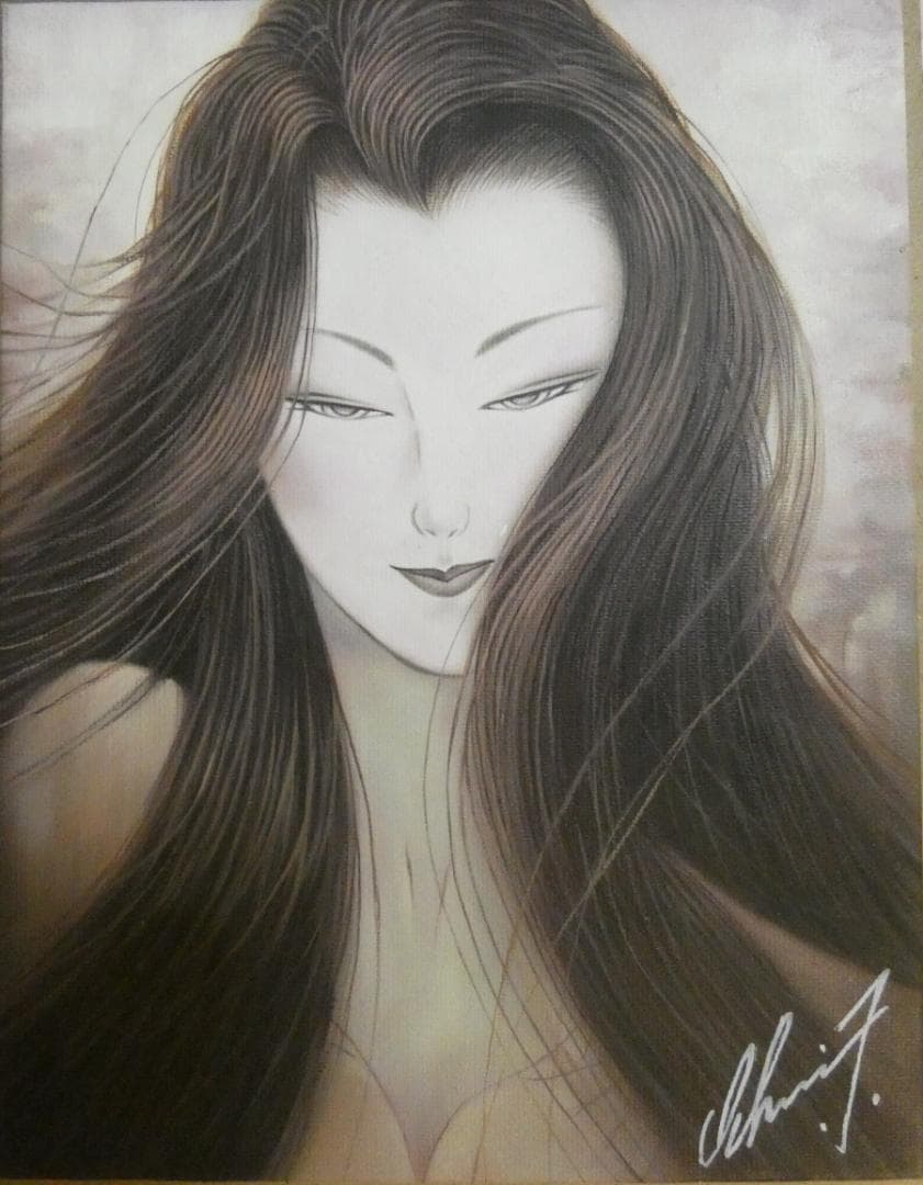 油絵 人物 　　鶴田一郎　 【　美人画　】手描き　 F6 額付き