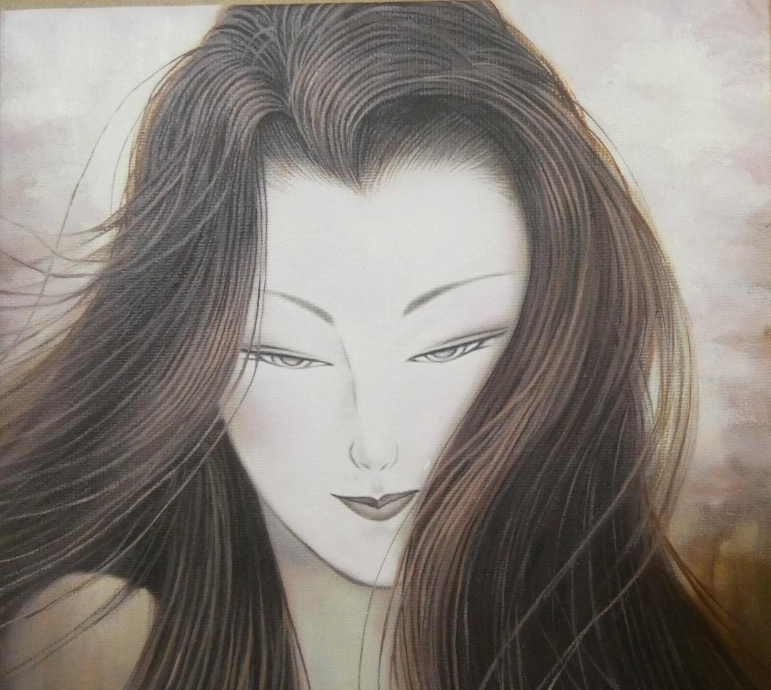 油絵 人物 　　鶴田一郎　 【　美人画　】手描き　 F6 額付き