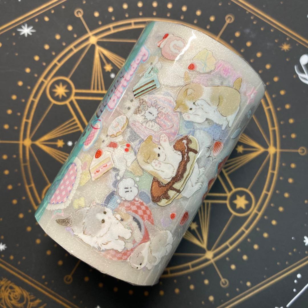 【9088】海外　マスキングテープ5m巻　ラメ加工カッティング猫　ケーキ　動物系