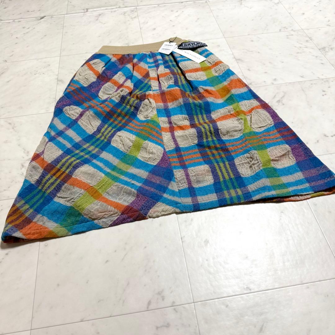 未使用タグ付 M.&KYOKO フレアスカート コットンウールチェック ガーゼ調