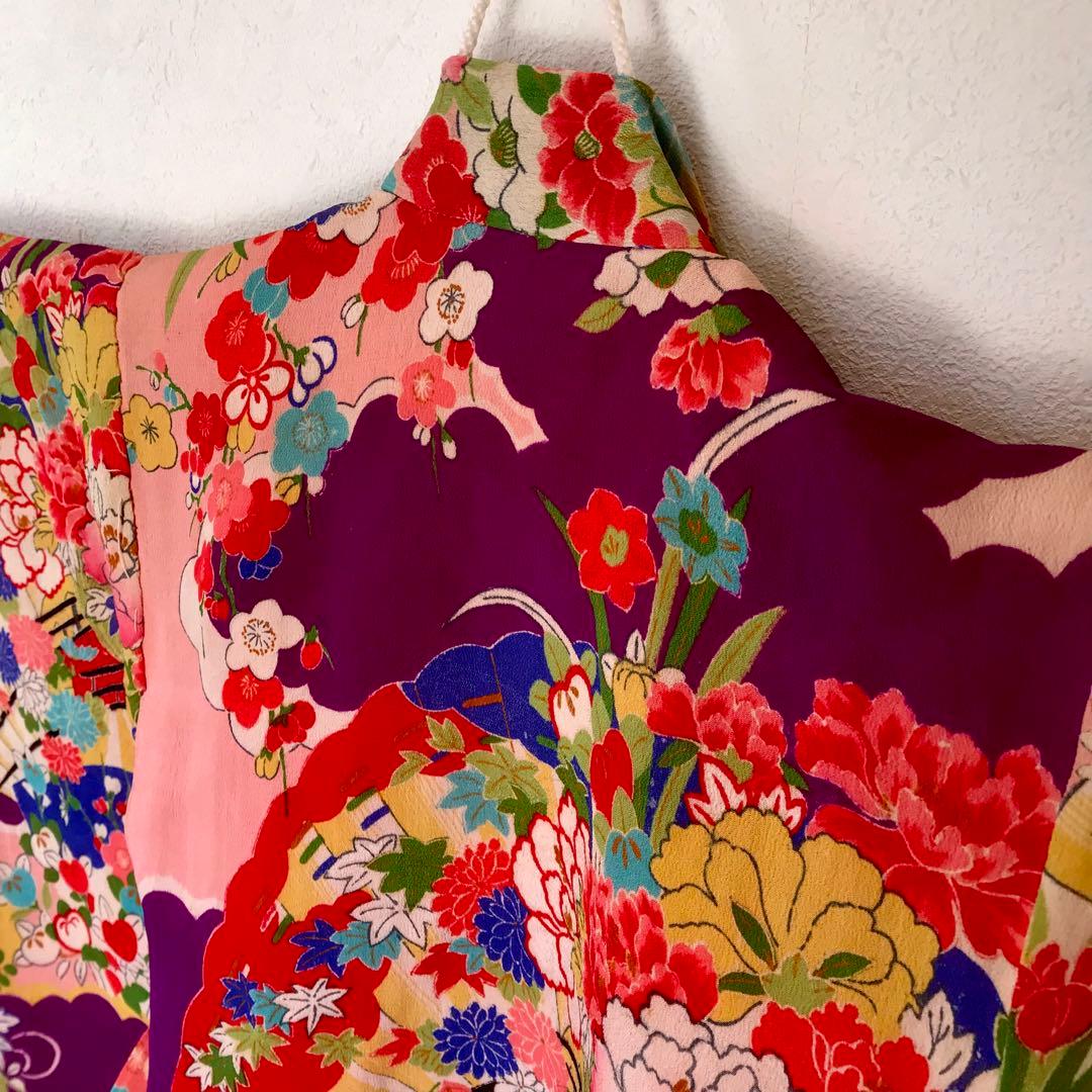 正絹 アンティーク着物 女の子 七五三 ◇花車 扇 雲取り 古典柄