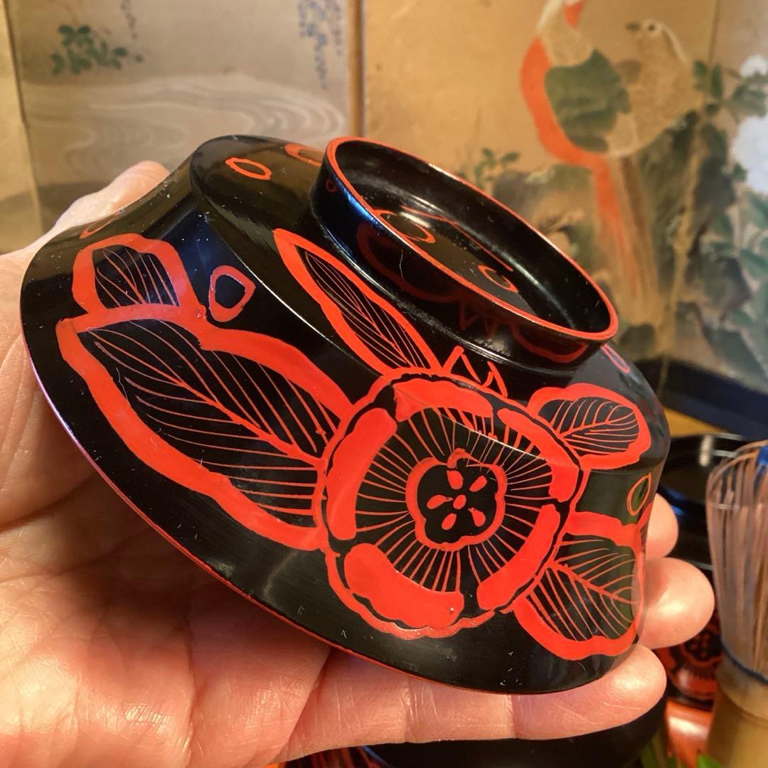 A1055 木製輪島塗　吉野椀　芙蓉紋様　吸い物椀　5客