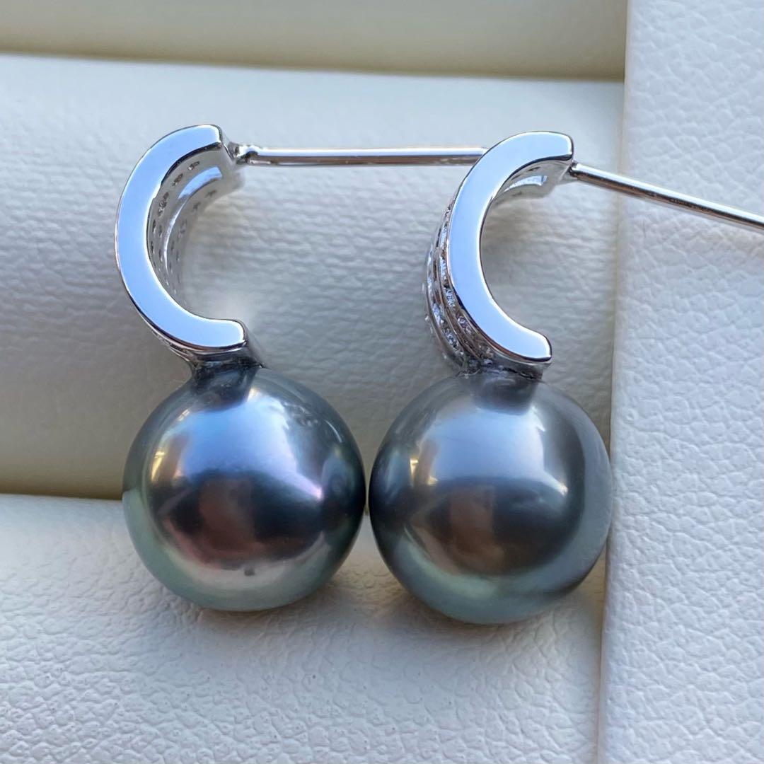 本真珠　南洋黒蝶真珠タヒチパールピアス　9.4mmグリーンP1188