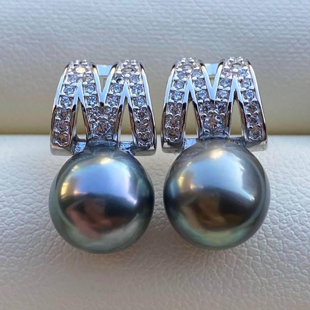 本真珠　南洋黒蝶真珠タヒチパールピアス　9.4mmグリーンP1188