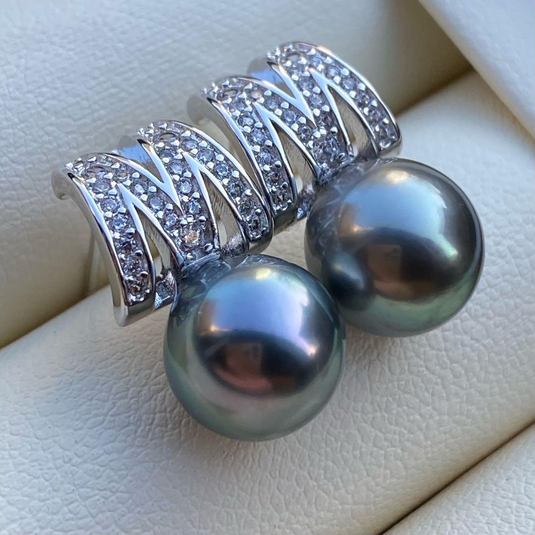 本真珠　南洋黒蝶真珠タヒチパールピアス　9.4mmグリーンP1188