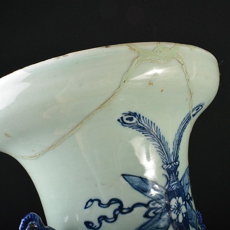 中国　青花　花瓶文　双耳盤口瓶　高さ約58.5cm　M　R6129F