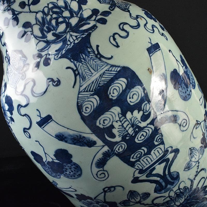 中国　青花　花瓶文　双耳盤口瓶　高さ約58.5cm　M　R6129F