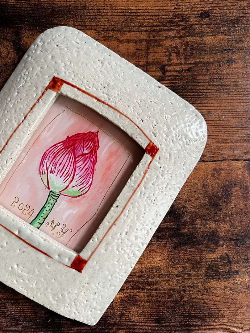 貴重・岩井窯　山本教行さんの陶器・ガラス絵　蓮子花