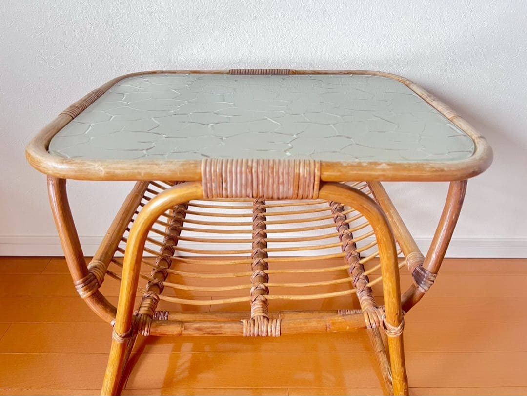 ★最終値下げ★【アンティーク家具】ラタン ガラス天板 サイドテーブル 籐家具
