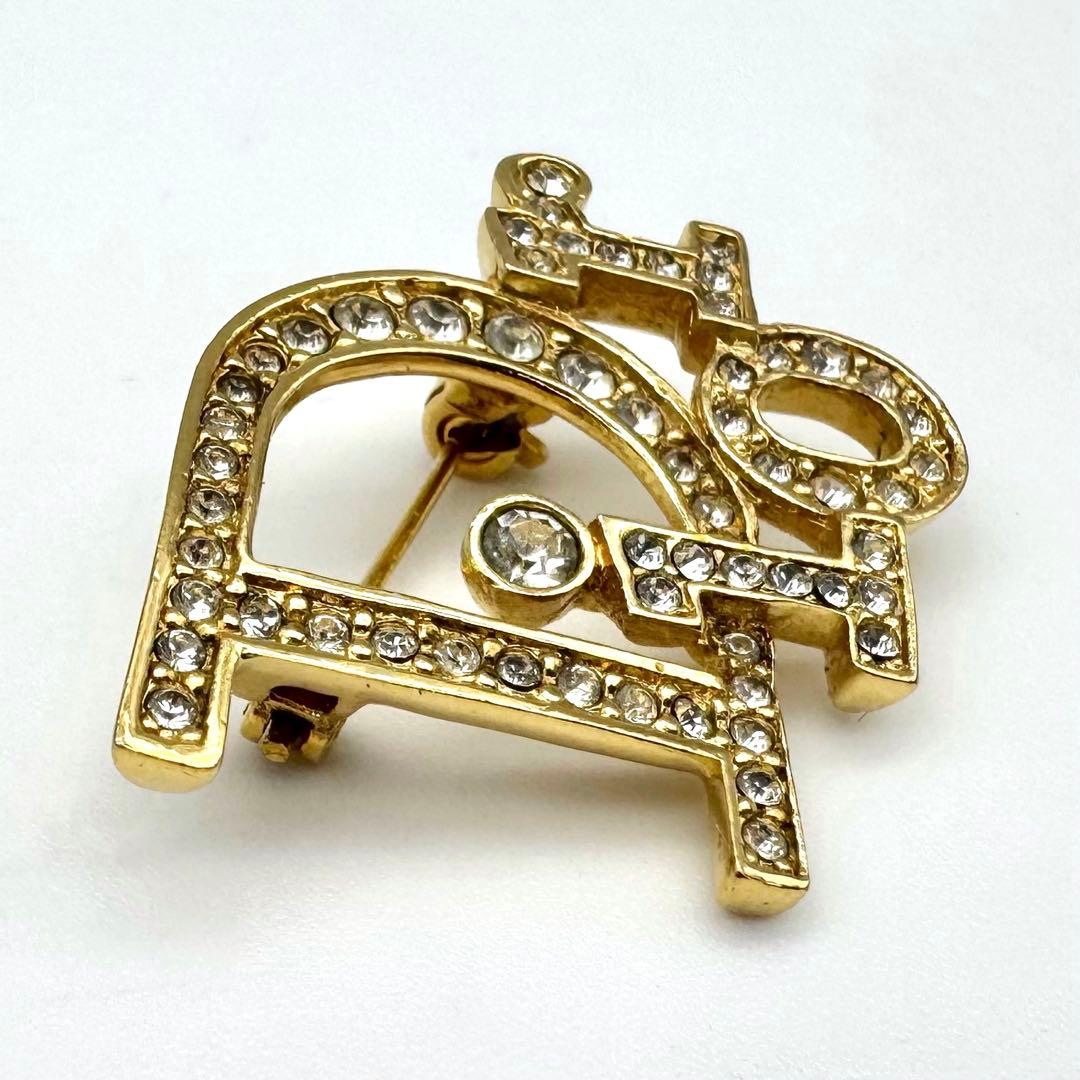 極美品 箱・保証書付 ディオール ロゴブローチ ラインストーン ゴールド