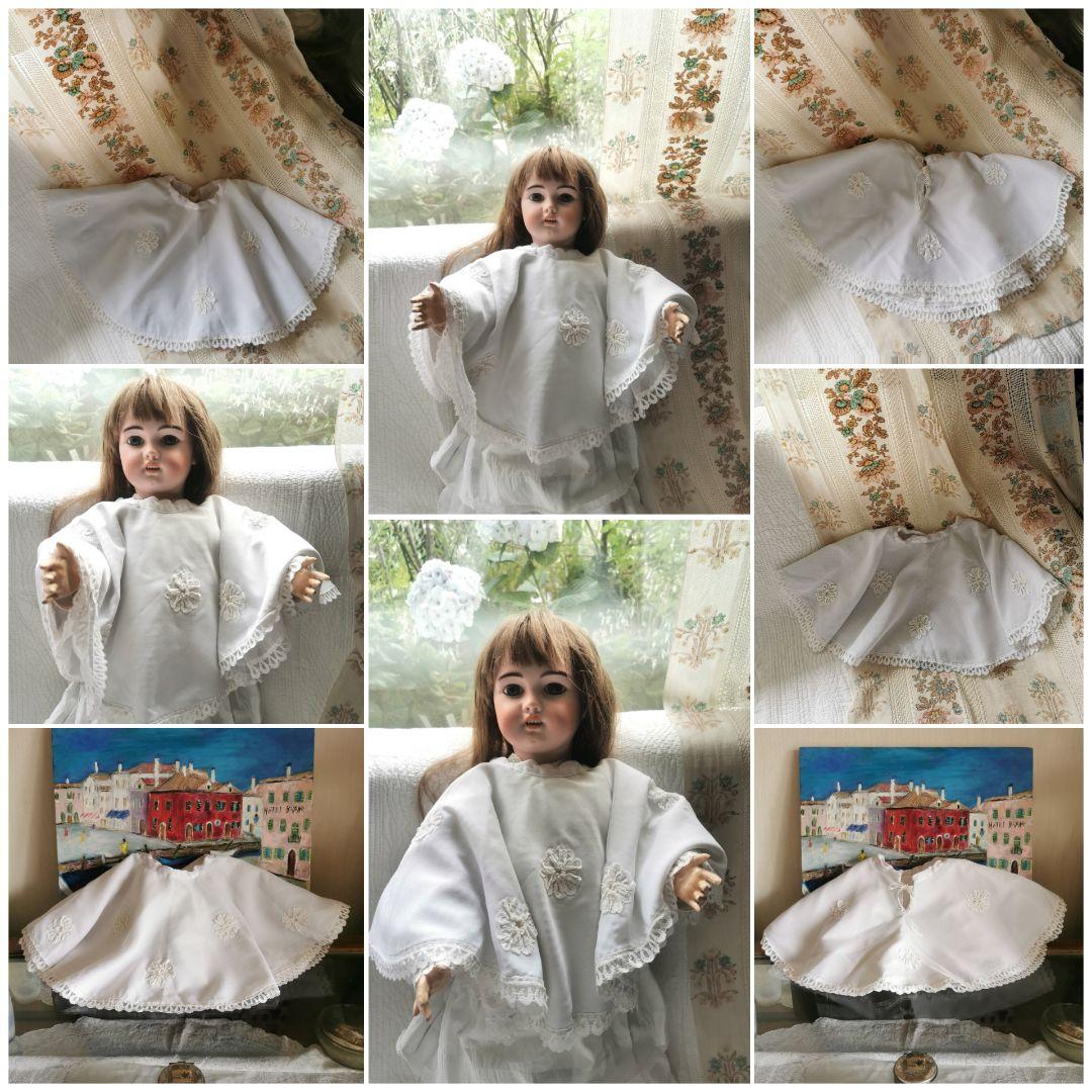 アンティークフランス 子供べべ用 フラワーアップリケ刺繍３層レース ドットケープ