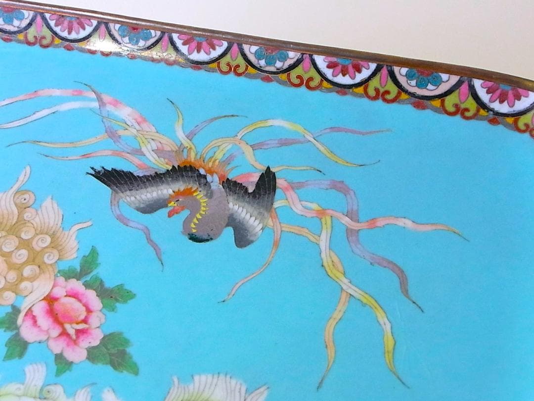 【 E801 】 超名品　明治期尾張七宝上手作品　銀線七宝獅子鳳凰文トレイ