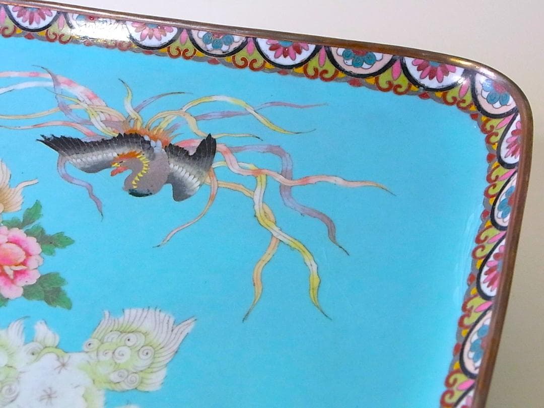 【 E801 】 超名品　明治期尾張七宝上手作品　銀線七宝獅子鳳凰文トレイ
