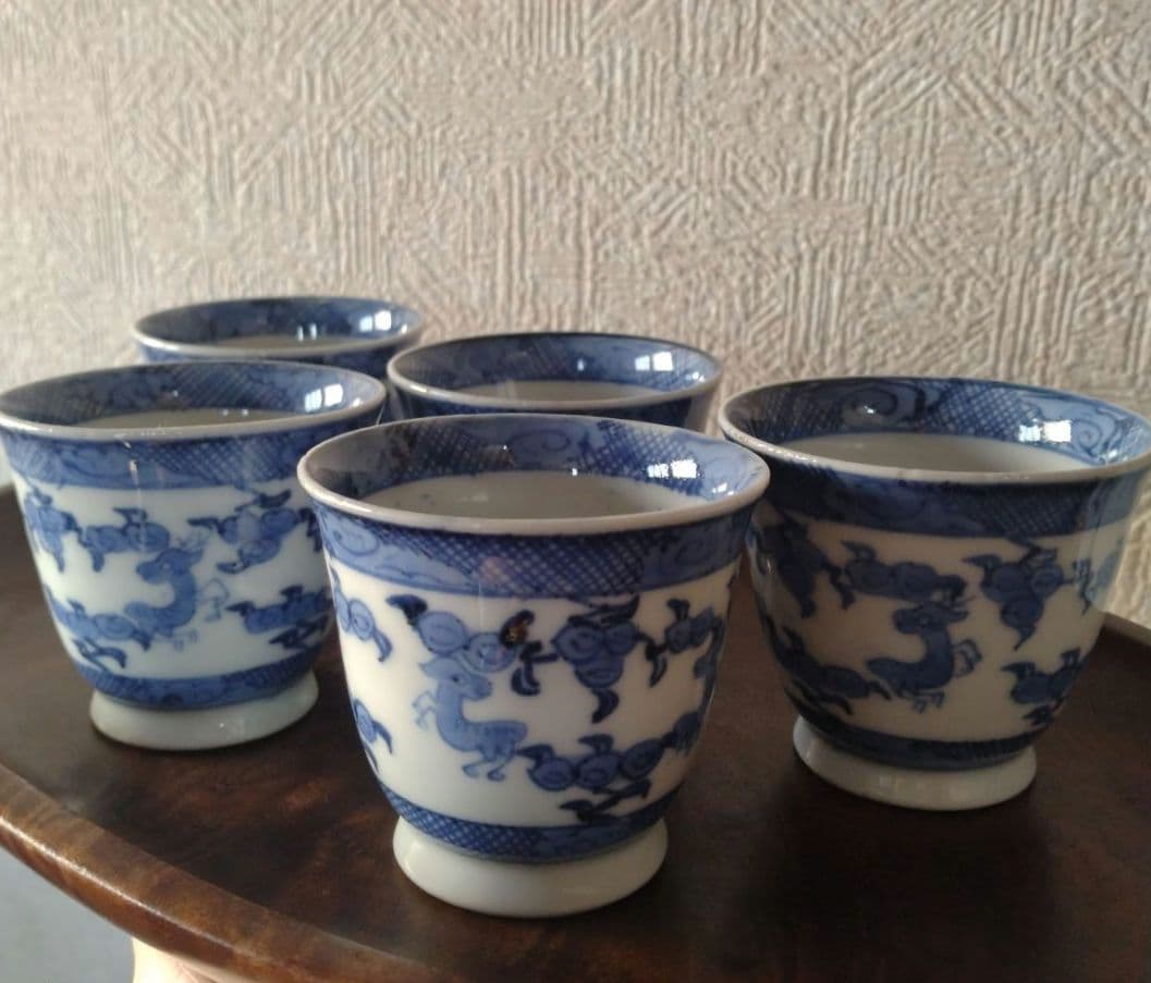 古伊万里染付麒麟文煎茶碗蕎麦猪口五客