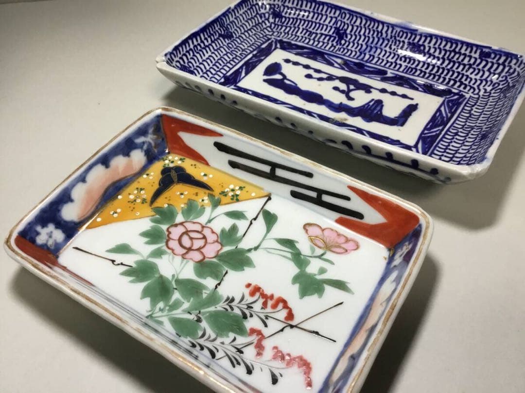 ◆長皿２枚◆色絵 染付 菓子皿 角皿 和食器 大正ロマン 古伊万里