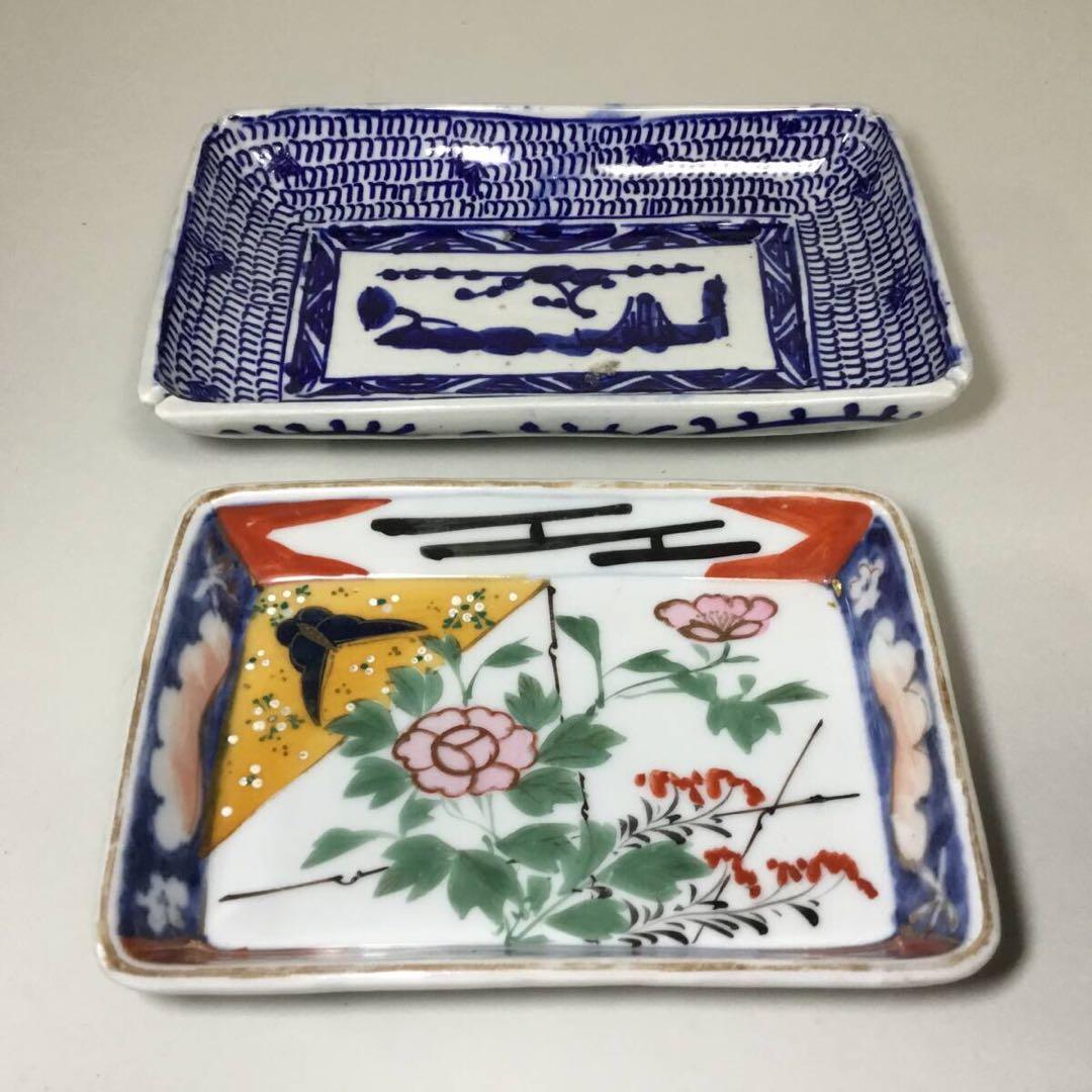 ◆長皿２枚◆色絵 染付 菓子皿 角皿 和食器 大正ロマン 古伊万里
