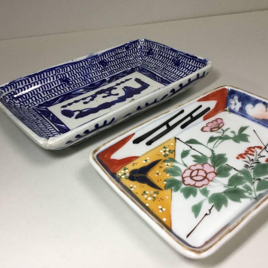 ◆長皿２枚◆色絵 染付 菓子皿 角皿 和食器 大正ロマン 古伊万里