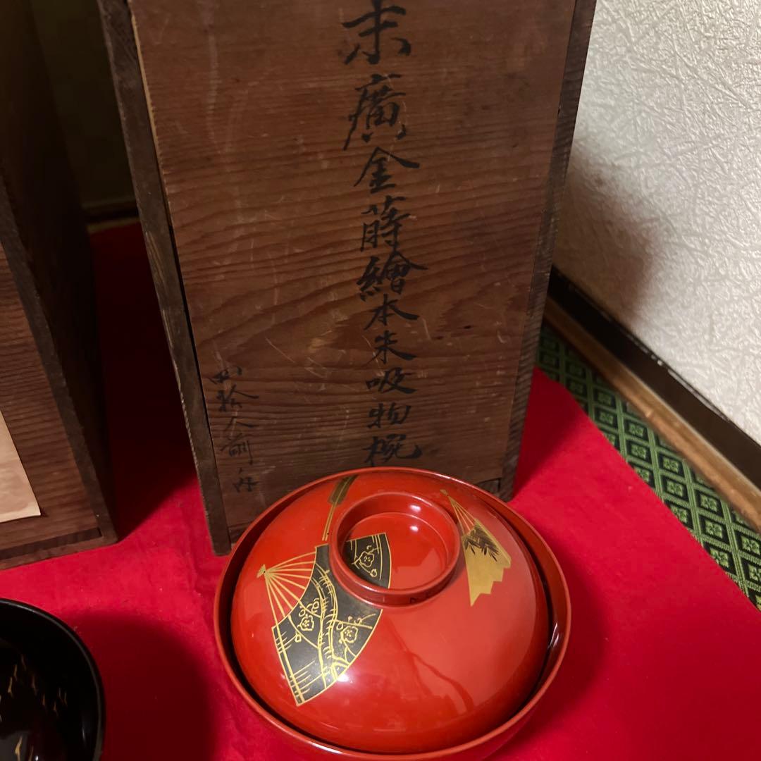 旧家蔵出　時代物 漆器 蒔絵 麦 黒 吸物椀 四箱