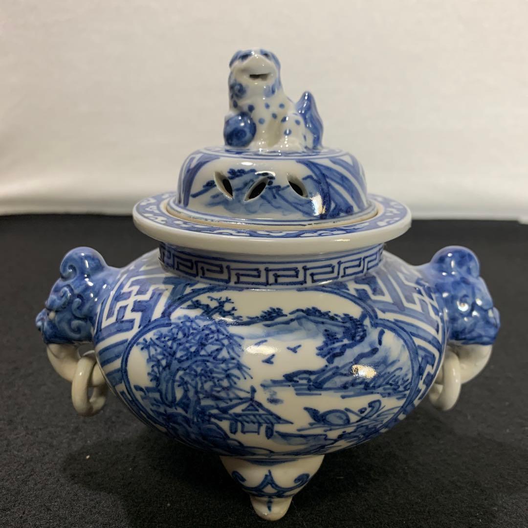 九谷　陶華作　香炉　染付　遊環手　三つ足　九谷焼