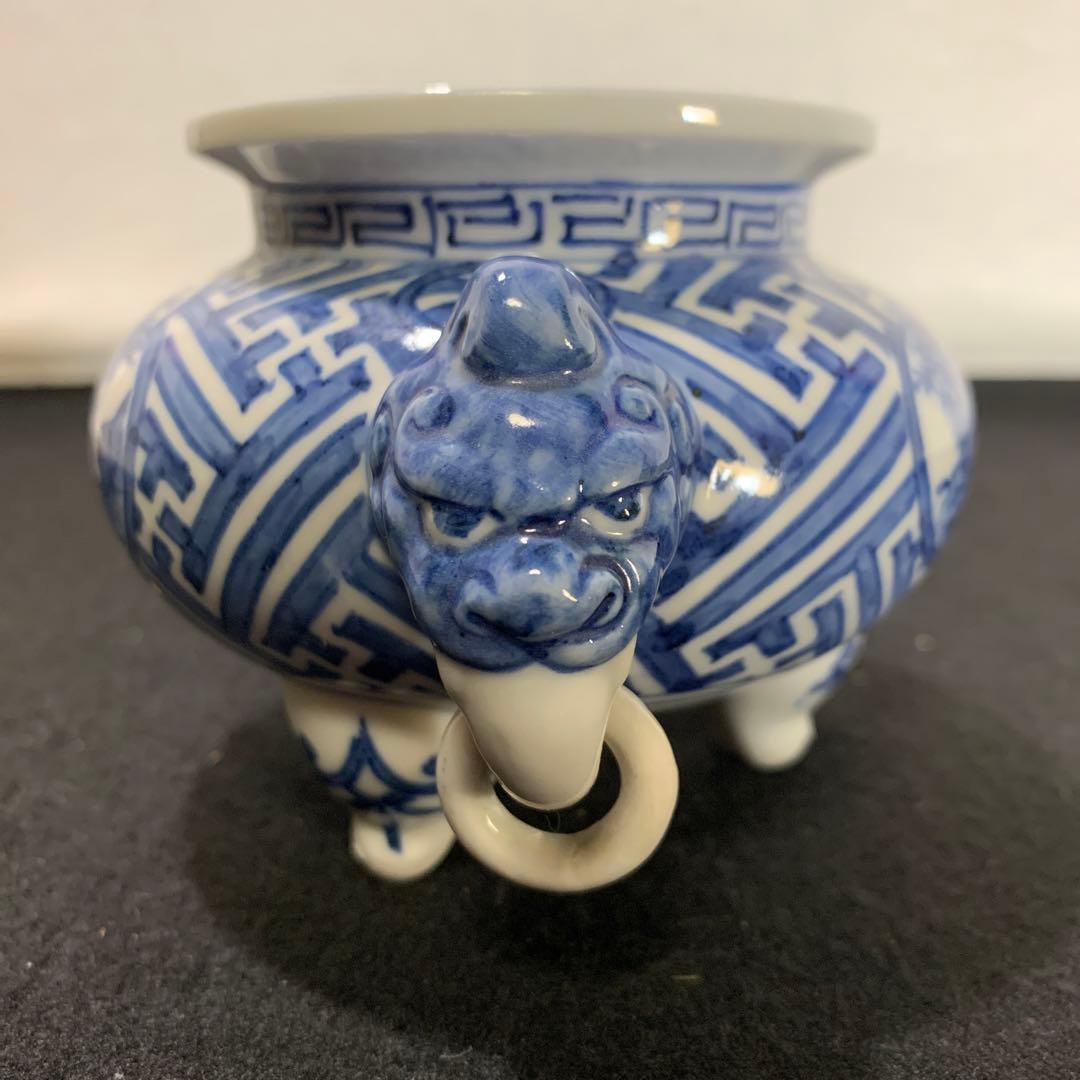 九谷　陶華作　香炉　染付　遊環手　三つ足　九谷焼