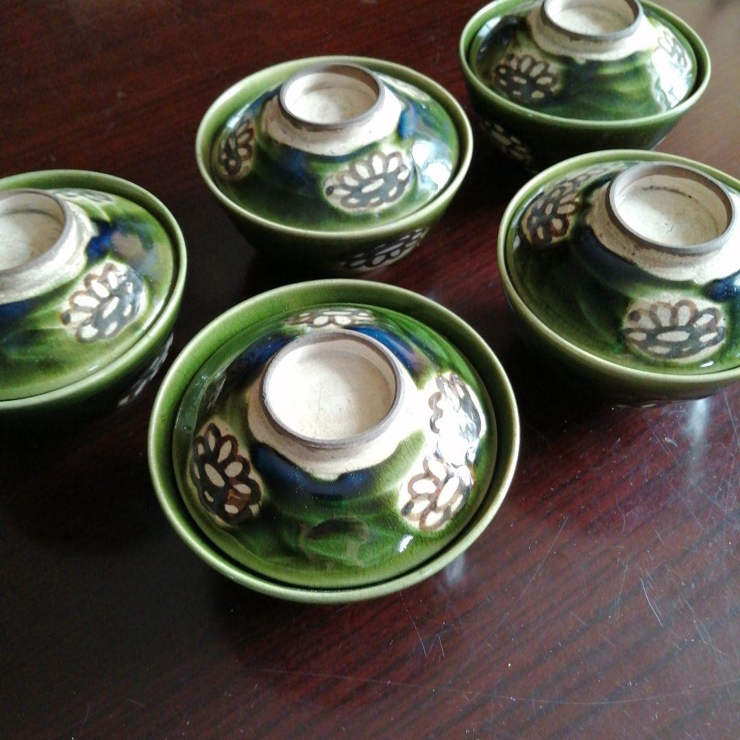 瀬戸焼　加藤丈助　織部蓋付茶碗　5客　12cm　大正〜昭和初期