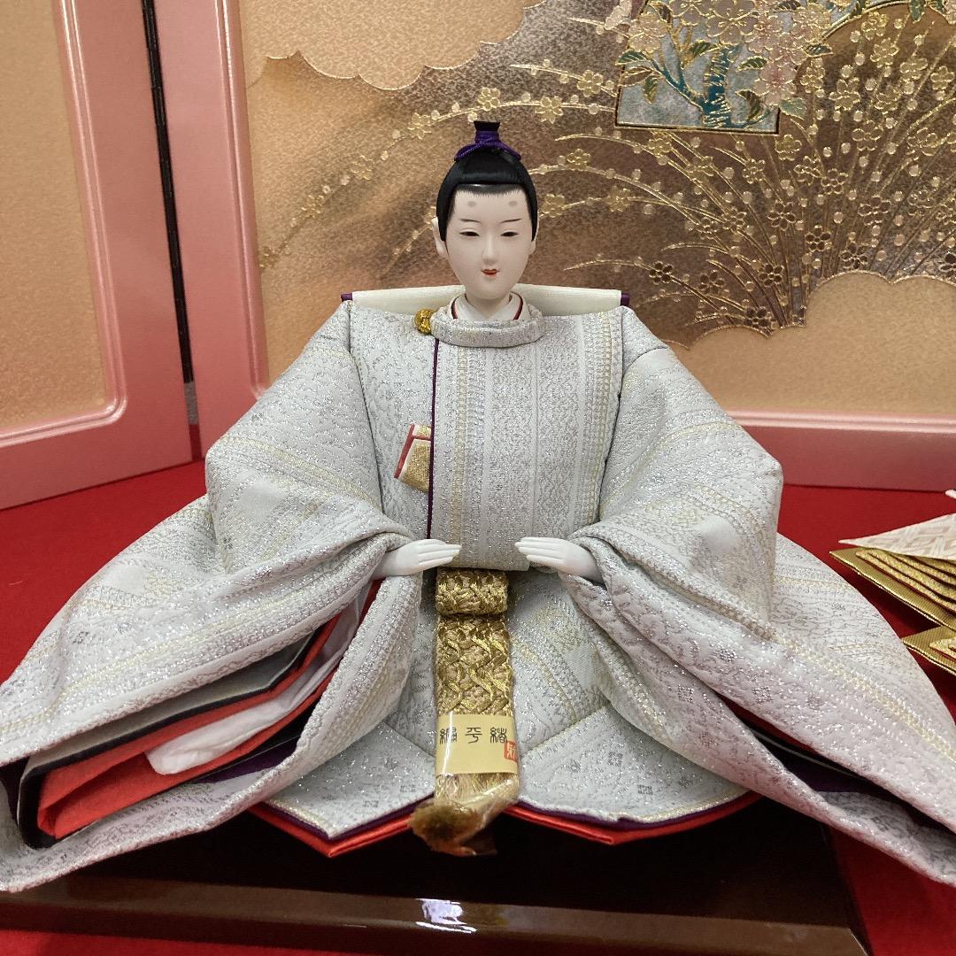 F15 シルバー・金色衣装　優しいお顔のお雛様　訳あり特価　親王飾り