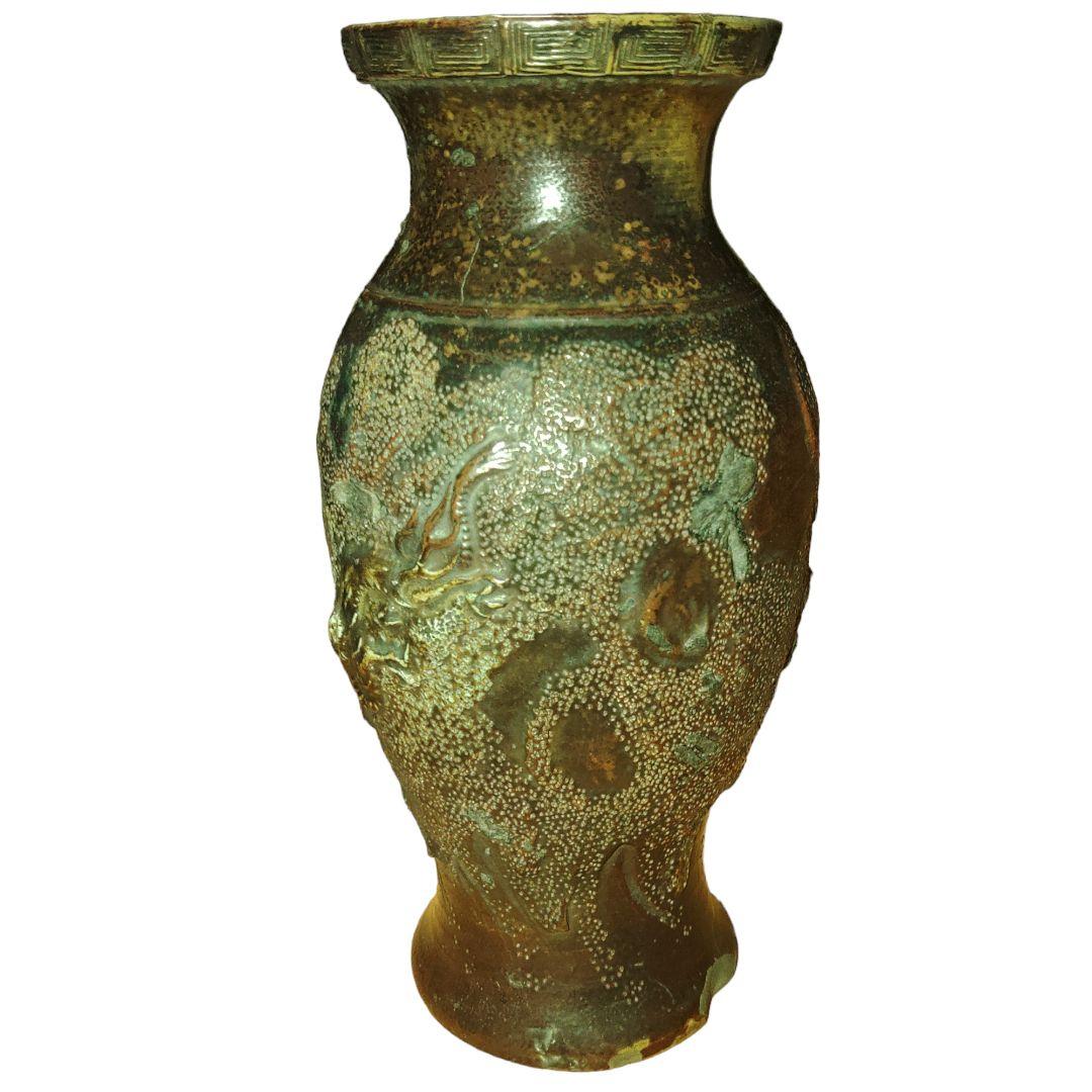 朝鮮系?古瀬戸?　飴釉　飛龍文花瓶　在銘