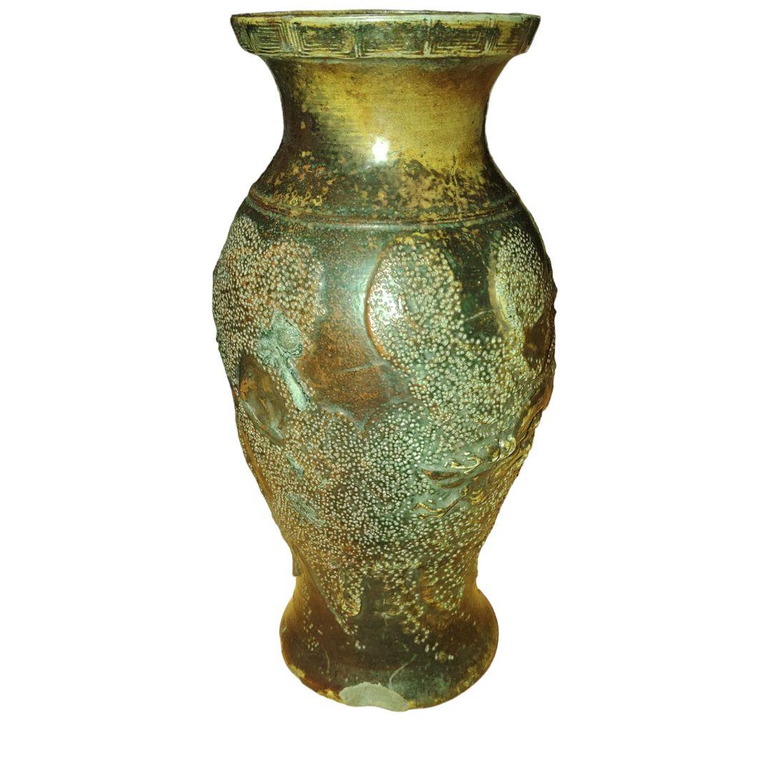 朝鮮系?古瀬戸?　飴釉　飛龍文花瓶　在銘