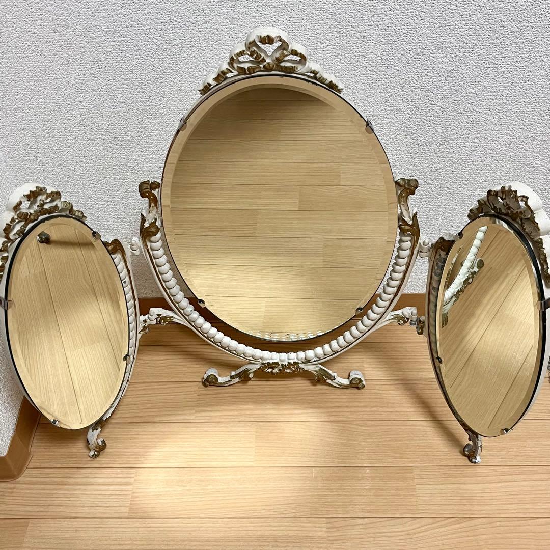 アンティーク　ドレッシングミラー　三面鏡　オーバル　ミラー　ドレッサー　ホワイト
