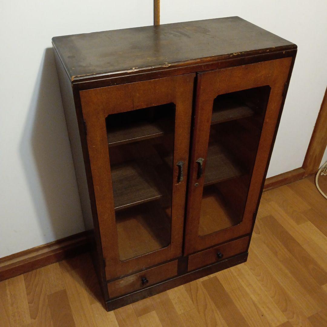 ガラスキャビネット　昭和レトロ　ガラス棚　小引き出し