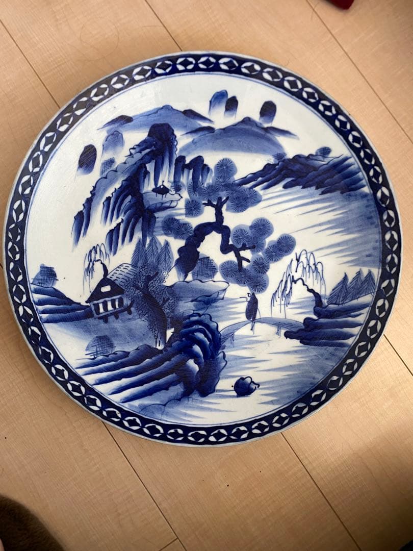 山水風景 陶器皿 直径38cm