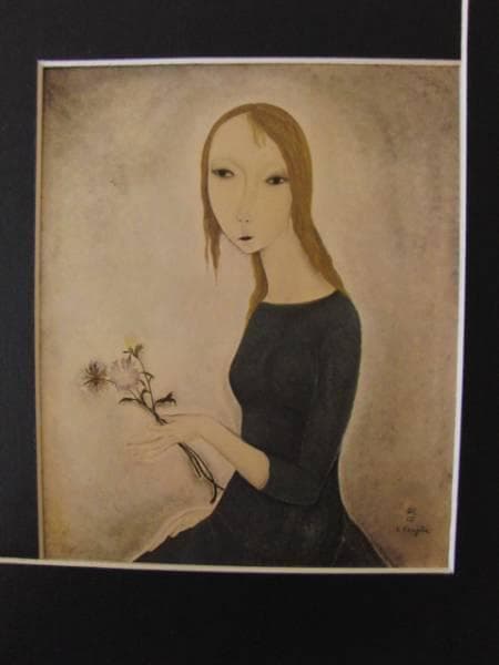 レオナール・フジタ、花をもつ少女、希少画集画、新品額装付