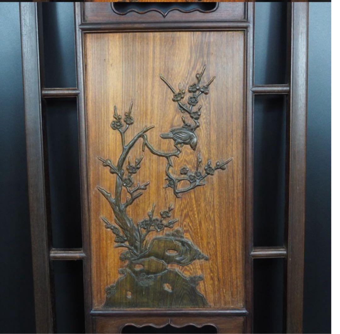 送料無料　清末～民国　唐木紅木鉄刀木　梅蘭竹菊四君子紋彫刻額　94×38ｃｍ