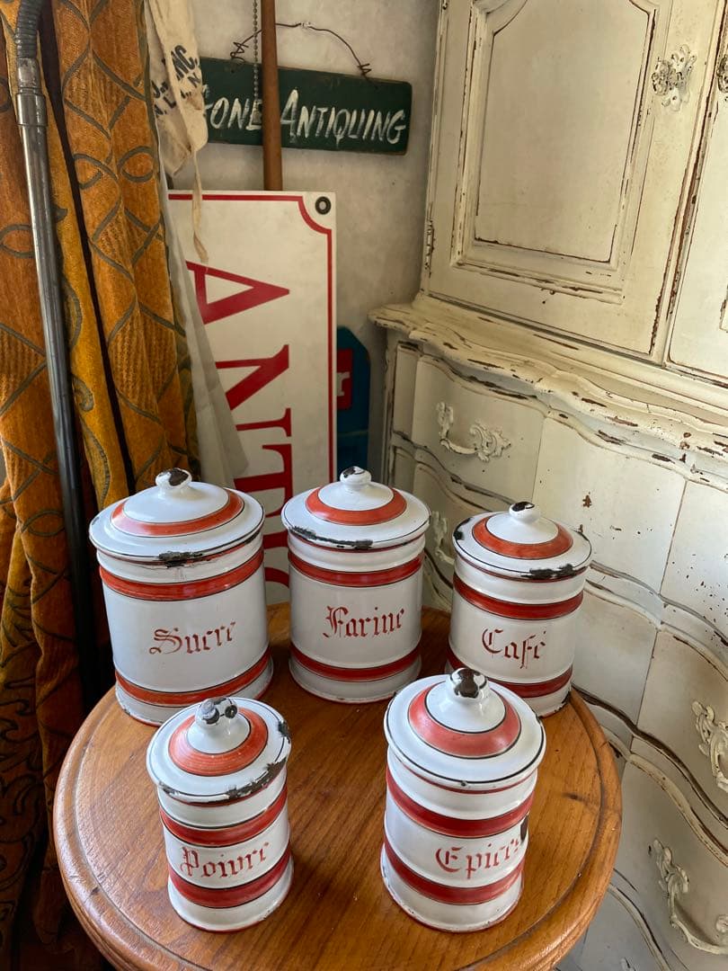 フランス　アンティーク　ホーロー　キャニスター　5個　ホワイト　レッド　ライン
